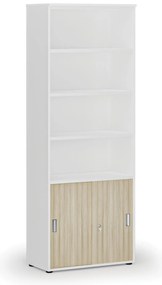Kombinovaná kancelárska skriňa PRIMO WHITE, zasúvacie dvere na 2 poschodia, 800 x 420 x 2128 mm, biela/dub prírodná