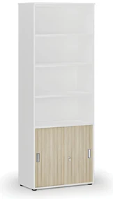 Kombinovaná kancelárska skriňa PRIMO WHITE, zasúvacie dvere na 2 poschodia, 800 x 420 x 2128 mm, biela/dub prírodná