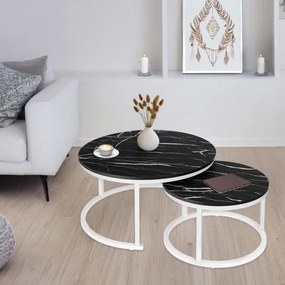 Sada 2 konferenčných stolíkov GALEN 70 cm mramorová, biela / čierna