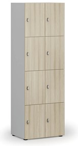Drevená šatníková skrinka S4 s úložnými boxmi, 8 boxov, demont, otočný zámok, sivá/dub prírodný