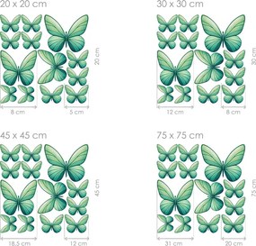 Motýle svetlo zeleňou 13 ks textilní prelepiteľné nálepky na stenu hárok 30 x 30 cm