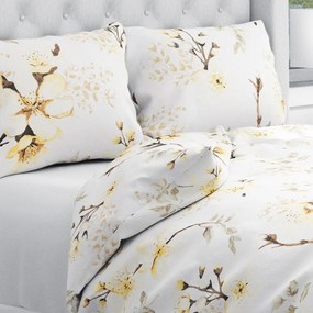 Biante Bavlnené posteľné obliečky Sandra SA-582 Žlté kvety s vetvičkami na bielom Jednolôžko 140x200 a 70x90 cm