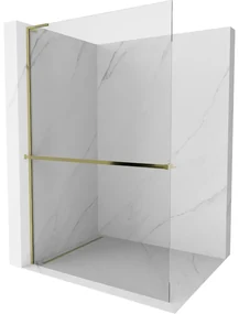 Mexen Kioto+ L, sprchová zástena Walk-In s poličkou a vešiakom 120 x 200 cm, 8mm číre sklo, zlatý lesklý profil,800-120-123-50-00