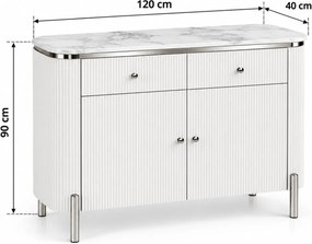 KOMODA GASTON II STRIEBORNÉ NOHY + BIELA + MRAMOR 120 cm