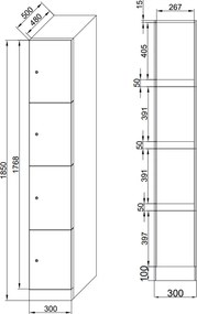 Šatníková skrinka S1 s úložnými boxmi, 4 boxy, 1850 x 300 x 500 mm, otočný zámok, laminované dvere, biela