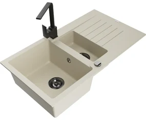 Mexen Matias, granitový drez 900x505x200 mm, 1,5-komorový a čierna batéria Rita, béžová, 6502-69-670300-70