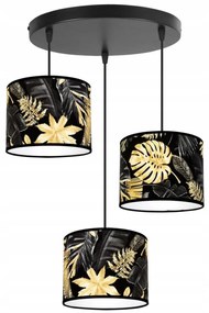 Závesné svietidlo Gold Flowers, 3x čierne textilné tienidlo s kvetinovým vzorom, o