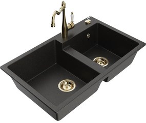 Mexen Tomas, granitový drez 800x500x190 mm, 2-komorový a drezová batéria Carla, čierna-zlatá metalíza, 6516-75-670700-50