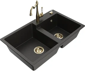 Mexen Tomas, granitový drez 800x500x190 mm, 2-komorový a drezová batéria Carla, čierna-zlatá metalíza, 6516-75-670700-50