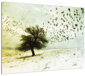Sklenený obraz - Maľovaný kŕdeľ vtákov (70x50 cm)