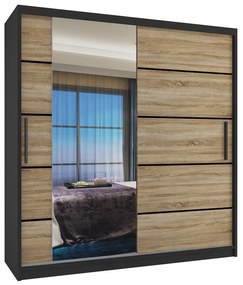 Šatníková skriňa 158 cm Belini čierny mat / dub sonoma s posunými dverami zrkadlom a zásuvkami  MBP SZP7/0/B/DS/0/KLP