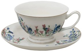 Porcelánová šálka s tanierikom a kvetmi - 12*10*6 cm / Ø 15*2 cm / 250 ml