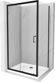 Mexen Apia sprchovací kút s posuvnými dverami 110 (dvere) x 90 (stena) cm, 5mm číre sklo, čierny profil + biela sprchová vanička SLIM, 840-110-090-70-00-4010B