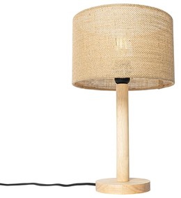 Vidiecka stolová lampa drevená s ľanovým tienidlom natural 25 cm - Mels