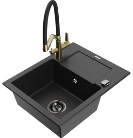 Mexen Enzo, granitový drez 576x465x174 mm, 1-komorový a drezová batéria Duo, čierna-strieborná metalíza, 6506-73-671701-57-B