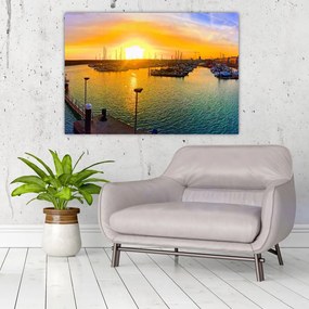Obraz prístavu pri zapadajúcom slnku
