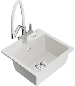 Mexen Milo, granitový drez 435x410x171 mm, 1-komorový a drezová batéria Duo, biela, 6505-20-671701-02