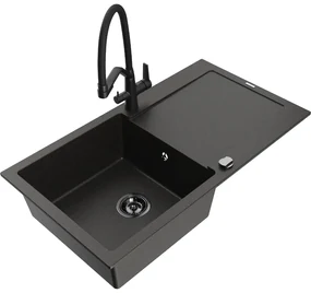 Mexen Leo, 1-komorový granitový drez 900x500x190 mm a drezová batéria Duo, čierna-zlatá metalíza, 6501-75-671701-70-B
