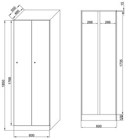 Kovová šatníková skrinka, 2-dverová, 1850 x 600 x 500 mm, zámok s čítačkou RFID kariet, laminované dvere, buk