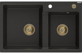 Mexen Tomas, granitový drez 800x500x190 mm, 2-komorový, čierna-zlatá metalíza so zlatým sifónom, 6516802000-75-G