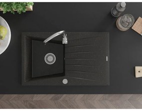 Mexen Cesar, granitový drez 775x470x190 mm, 1-komorový, čierna-zlatá metalíza s chrómovým sifónom a chrómová drezová batéria Telma, 6514-75-670200-00