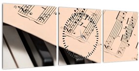 Obraz klavíra s notami (s hodinami) (90x30 cm)