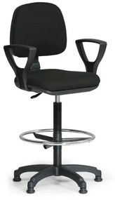 Zvýšená látková pracovná stolička MILANO s podpierkami rúk, opierka nôh, klzáky, čierna