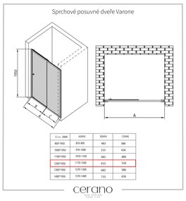 Cerano Varone, sprchovací kút s posuvnými dverami 120 (dvere) x 90 (stena) x 195 cm, 6mm šedé sklo, čierny profil, CER-CER-429637