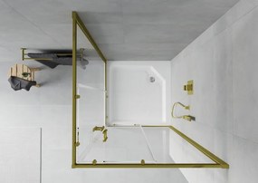 Mexen Rio, štvorcový sprchovací kút s posuvnými dverami 90(dvere) x 90(dvere) x 190 cm, 6mm číre sklo, zlatý profil + biela sprchová vanička RIO, 860-090-090-50-00-4510