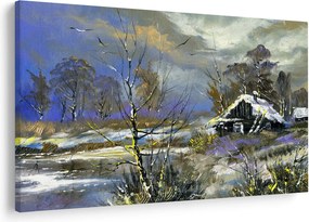 Obraz chalúpky v zimnej krajine, olejomaľba (90x60 cm)
