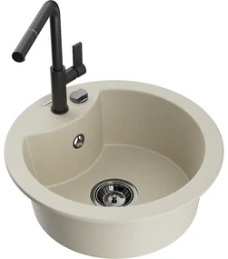 Mexen Diego, 1-komorový granitový drez 488x488x167 mm a drezová batéria Flora, béžová, 6512-69-670401-70-B
