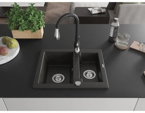 Mexen Carlos, 1,5-komorový granitový drez 582x475x177 mm a drezová batéria Savita, čierna-zlatá metalíza, 6518-75-672601-70