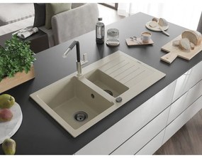 Mexen Matias, 1,5-komorový granitový drez 900x505x200 mm a drezová batéria Flora, béžová, 6502-69-670401-07-B