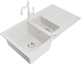 Mexen Matias, granitový drez 900x505x200 mm, 1,5-komorový a drezová batéria Carla, biela, 6502-20-670700-20
