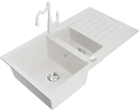 Mexen Matias, granitový drez 900x505x200 mm, 1,5-komorový a drezová batéria Carla, biela, 6502-20-670700-20