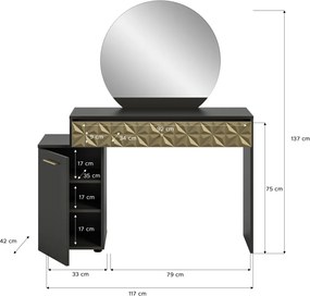 Toaletný stolík so zrkadlom Prismo, čierny/zlatý