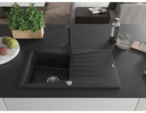 Mexen Cesar, granitový drez 775x470x190 mm, 1-komorový, čierna s chrómovým sifónom a čierna drezová batéria Rita, 6514-77-670300-70