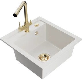 Mexen Vito, 1-komorový granitový drez 520x490x210 mm, zlatá batéria Duero, biela, 6503-20-671600-50