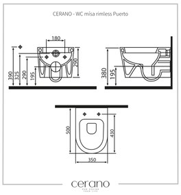 Cerano Puerto, závesná WC misa Rimless 50x35 cm bez WC sedadla, biela lesklá, CER-CER-403386