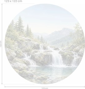 Kaskády medzi machovými balvanmi prírodná kruhová akvarelová dekorácia s vodnými kaskádami na stenu do spálne arch 46 x 46 cm