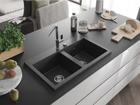 Mexen Hektor dvojkomorový granitový drez 800 x 480 mm, čierny s fľakmi, chrómový sifón - 6521802000-76