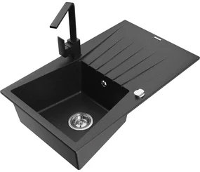 Mexen Cesar, granitový drez 775x470x190 mm, 1-komorový, čierna-strieborná metalíza s chrómovým sifónom a čierna drezová batéria Rita, 6514-73-670300-70