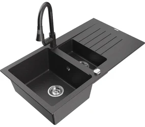 Mexen Matias, 1,5-komorový granitový drez 900x505x200 mm a drezová batéria Elia, čierna škvrnitá, 6502-76-670101-76