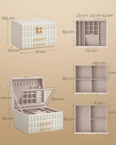 Šperkovnica so zrkadlom 3 úrovne, úložný priestor na šperky 2 zásuvky, biela