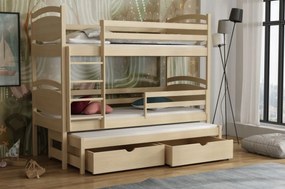 Detská poschodová posteľ z masívu borovice EMA s prístelkou a šuplíkmi - 200x90 cm - PRÍRODNÁ BOROVICA