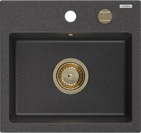 Mexen Milo, granitový drez 435x410x171 mm, 1-komorový, čierna škvrnitá so zlatým sifónom, 6505441000-76-G