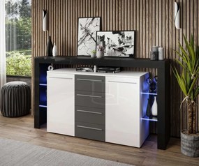 KOMODA ELIS LED ČIERNO BIELA ŠEDÉ ZÁSUVKY VYSOKÝ LESK 170 cm
