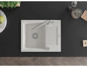 Mexen Enzo, 1-komorový granitový drez 576x465x174 mm a drezová batéria Flora, biela, 6506-20-670401-00