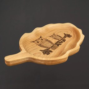 AMADEA Drevená miska v tvare listu, sova, masívne drevo, 34 cm