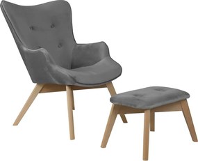 Sivé zamatové kreslo s podnožkou Niko – Ropez